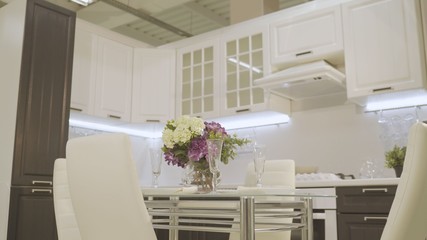 Designer kitchen. White kitchen interior. Designer white kitchen.