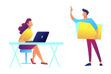 Teacher standing and pointing and student sitting at the desks vector illustration