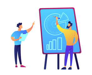 Businessmen drawing pie chart and discussing it vector illustration.