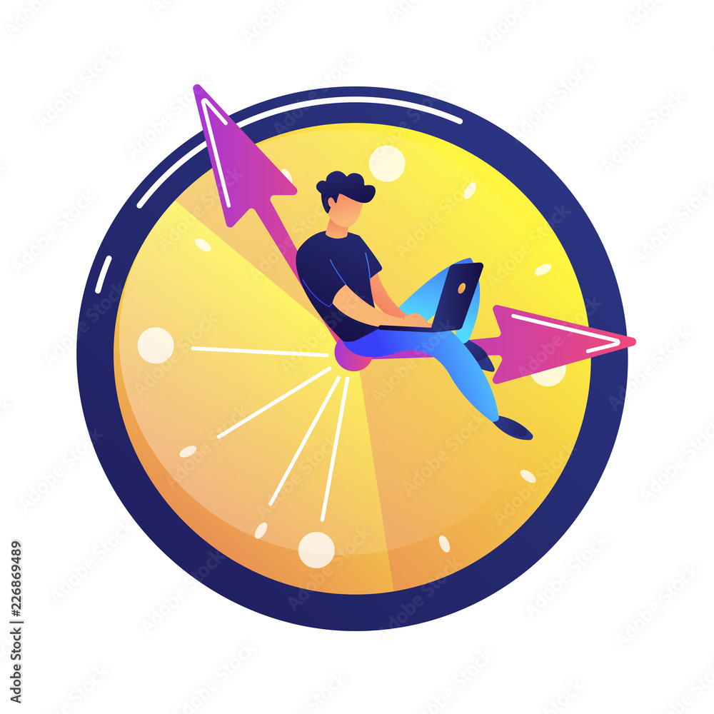 Poster programmer working on laptop sitting on the hand in a big clock vector illustration