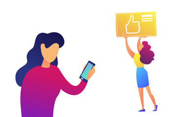 Businesswoman using smartphone and thumb up icon vector illustration.