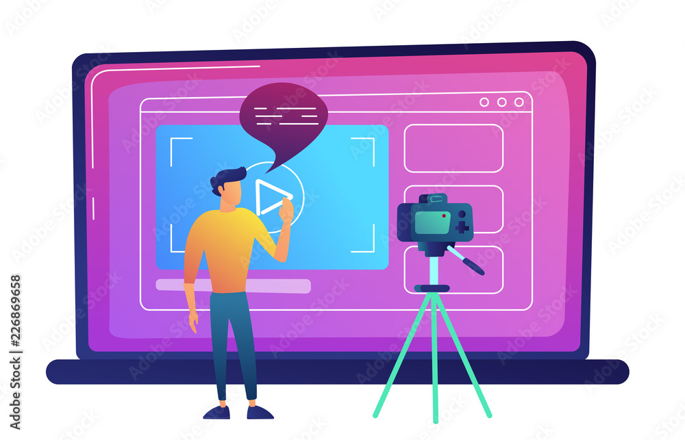 Poster blogger recording video blog with camera for internet vector illustration.