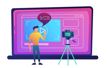 Blogger recording video blog with camera for internet vector illustration.