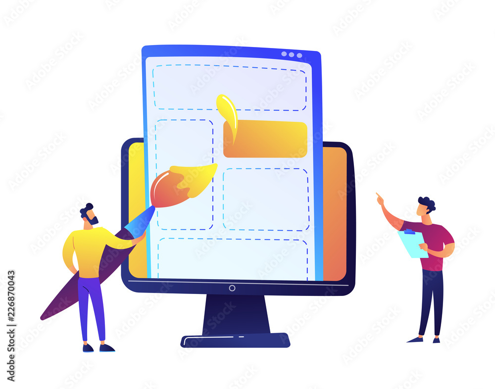 Poster programmers drawing web page elements with brush on lcd screen vector illustration.