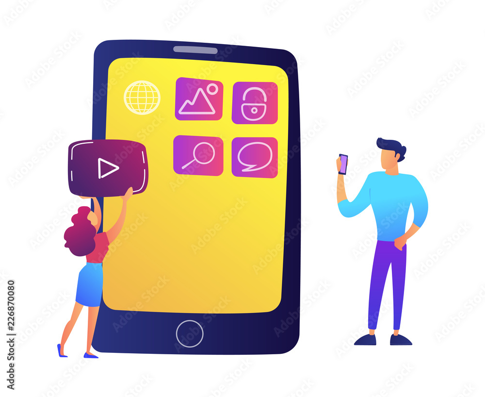Poster it specialists creating mobile applications on smartphone screen vector illustration