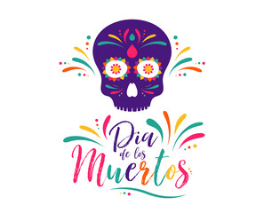 Obraz premium Dia de Muertos or day of the Dead. Skull banner for mexican celebration. Traditional mexico skeleton decoration with flowers and sugar skull colorful art. Day dead holiday. Vector