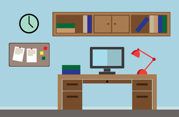 Workplace and office room with desk computer and shelving Vector flat illustration