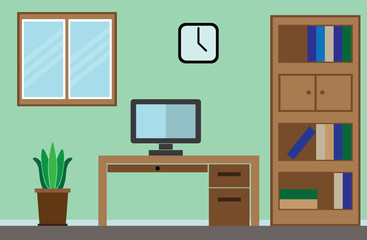 Workplace and office room with desk computer and shelving Vector flat illustration