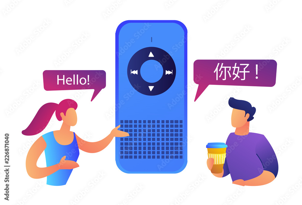Poster two users speaking different languages and smart language translator vector illustration.