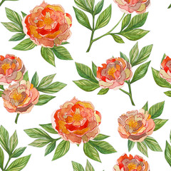 Watercolor peonies seamless pattern. Hand-drawn flowers on a white background. Cute wedding background, print for textiles, gift wrapping.