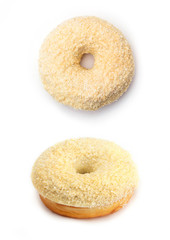 Donut with cream and coconut, isolated on white background. Top view and view from an angle of forty-five degrees.