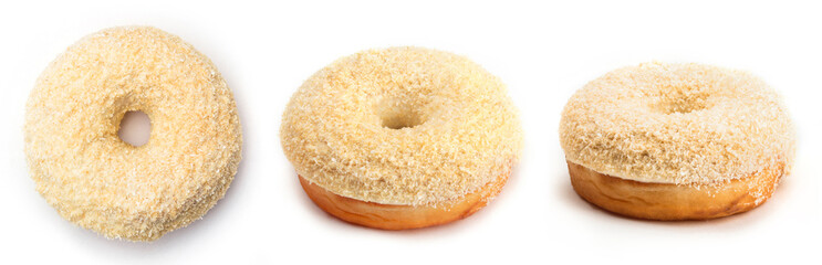 Donut with cream and coconut, isolated on white background. View from three different angles.