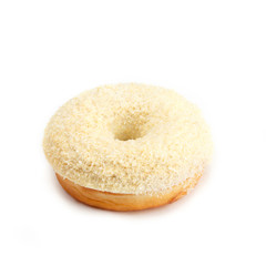 Donut with cream and coconut, isolated on white background. Viewing forty-five degrees.