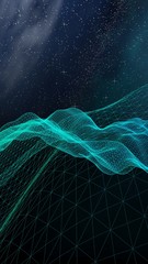 Abstract landscape on a dark background. Star horizon. Cyberspace grid. Hi-tech network. Outer space. Starry outer space texture. 3D illustration