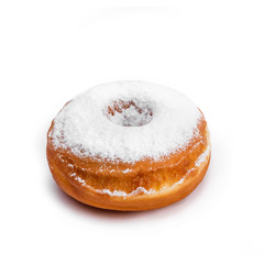 Donut with sugar powder, isolated on white background. Viewing forty-five degrees.