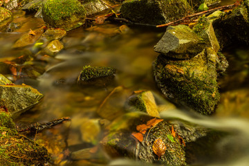 Mountain creek cascade with fresh green moss on the stones long exposure for soft water look