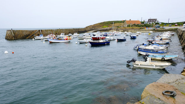 Port Levi in Fermanville. Fishing and recreational boats in the harbor. Fermanville, Manche, Basse-Normandie, France