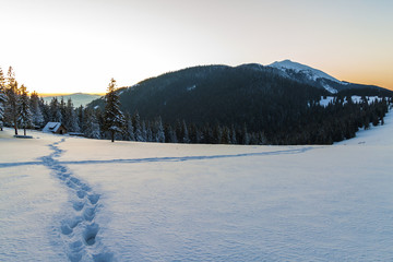 Path with footprints in snow in winter mountains.