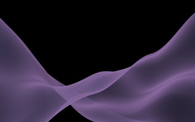 Abstract purple wave. Bright purple ribbon on black background. Purple scarf. Abstract smoke. Raster air background. 3D illustration