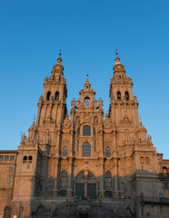 Fototapeta na wymiar Facade of historic Santiago de Compostela cathedral in Spain at sunset.