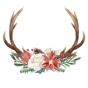 Watercolor Winter Wreath with Antlers