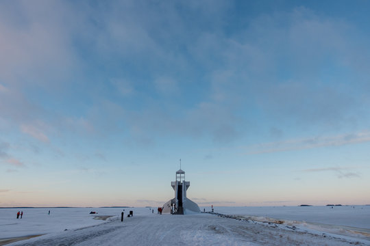 Nallikari Lighthouse In Winter. Oulu, Finland