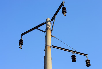 .Stealing, cutting wires, hanging, war, abandoned, abandoned, railway, de-energized, trolley, destroyed, tower, support,