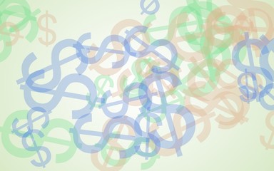 Multicolored translucent dollar signs on white background. Green tones. 3D illustration