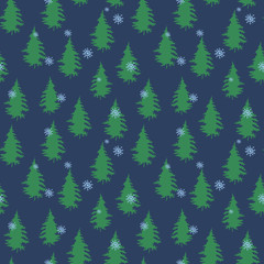 Seamless vector winter pattern with trees and snowflakes