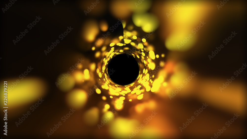 Poster abstract swirl gold tunnel in space, computer generated background, 3d render background