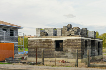 Concrete foundation of a new house, wall construction