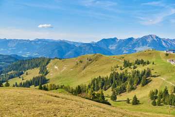 Naklejka na ściany i meble Beautiful valley landscape with mountains and forest in Austrian Alps. Salzkammergut region.