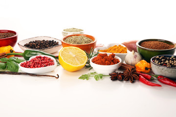 Spices and herbs on table. Food and cuisine ingredients.