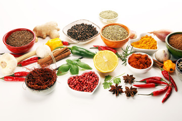 Spices and herbs on table. Food and cuisine ingredients.