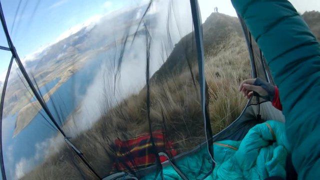 POV, relaxing inside tent on Wanaka mountaintop