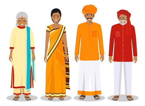 Family and social concept. Indian person generations at different ages. Set of adult people in traditional national clothes: father, mother, grandmother, grandfather standing together. Vector