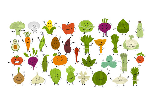 Funny smiling vegetables and greens, characters for your design