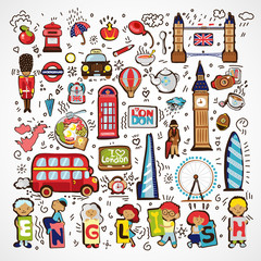 Set of Vector London Icons. Hand drawn England doodle icon. Famous architectural monuments, sign, symbols, icons. England educational and travel elements, icon - english bus, taxi, architectural