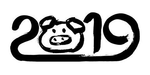 2019 Chinese Year of the Pig. Calendar poster numbers font with snout. Hand written black lettering and animal head  on white background. Happy New Year card or banner design.