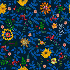Embroidery repeat pattern with ethnic flowers. Vector seamless floral patch for clothing design.