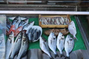 Fish at a fish market. Fresh fish and seafood.