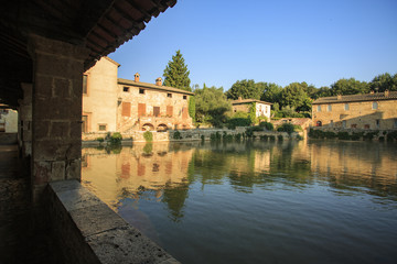 aerial shot of the lovely village of bagno vignoni in val d'Orcia 