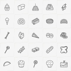 Bakery line icon set with cherry cake, cup cake and brownie