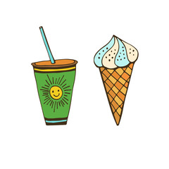 Summer food illustration. Sticker print design. Lemonade and Ice cream.