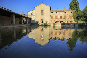 aerial shot of the lovely village of bagno vignoni in val d'Orcia 