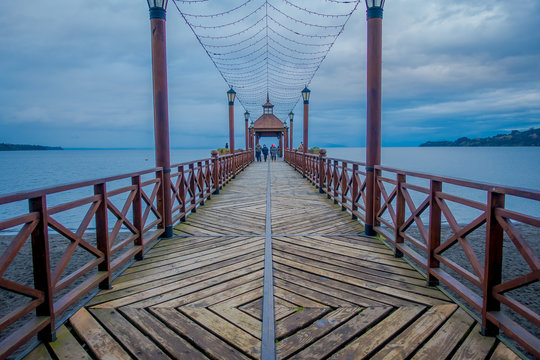 Beautiful outdoor view of wooden pier of Frutillar, southern Chile