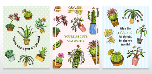 Set of cards cactus and cute template Succulents. Stickers for girls. Mexican houseplants posters. kawaii cacti. engraved hand drawn. vector collection vintage style. © artbalitskiy