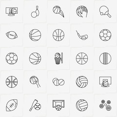 Balls line icon set with basketball board, rugby ball and table tennis racket