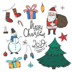 Bright colorful set of doodle Christmas lettering and elements including fir, snowman, Santa Claus, giftboxes, mittens, stocking for new year banner design, stickers, coloring books, kids apps