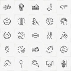 Balls line icon set with golf ball, bowling and baseball balls